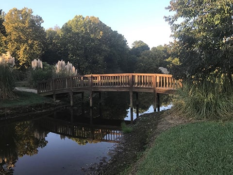 Photo of wooden arch bridge crossing a small creek.