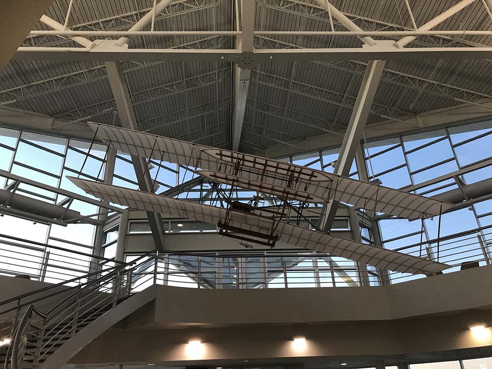 Photo of the Wright Flyer hanging at Raleigh-Durham International Airport